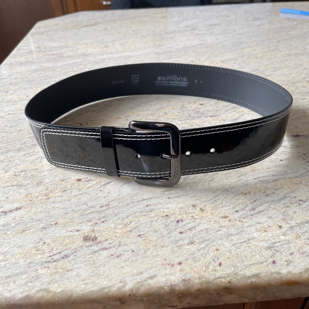 NWOT Wide Black Patent Belt with White Stitching